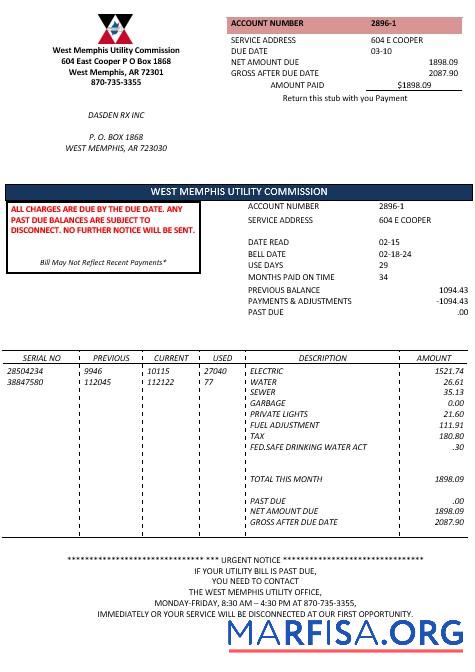 Printable USA Arkansas West Memphis business utility bill template in Word and PDF formats